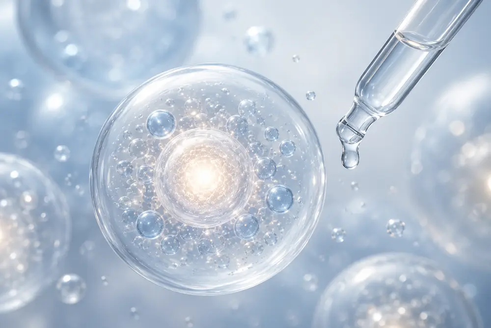 3D illustration of exosome skin treatment technology with serum droplets and regenerative skincare concept