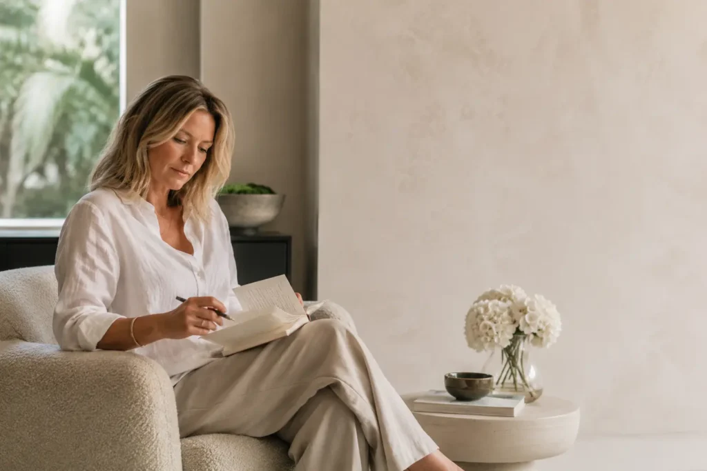 Woman reviewing skincare treatment options and pricing information in a bright, elegant home setting