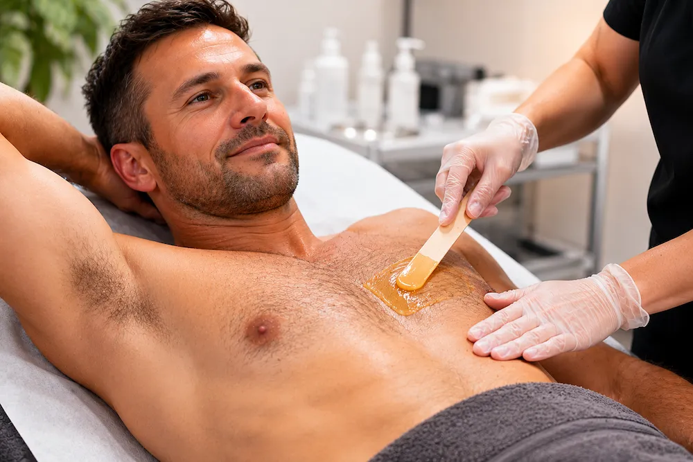 Male client receiving professional chest waxing treatment in Teddington to remove unwanted body hair