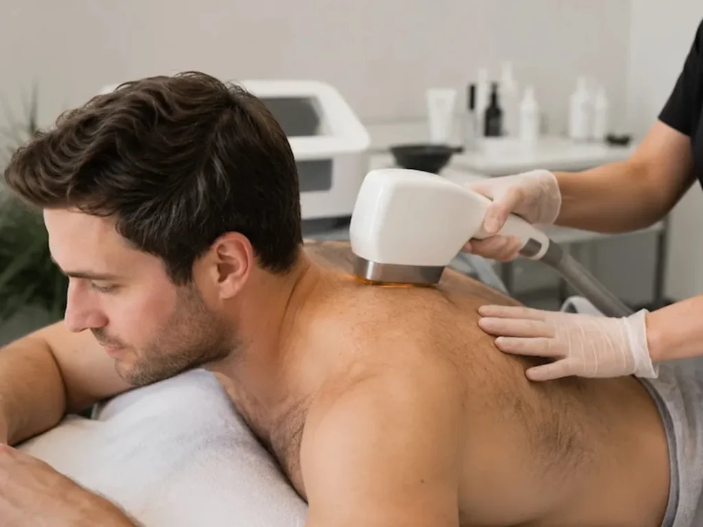 Professional men's laser hair removal treatment in Teddington targeting unwanted hair on the back and shoulders